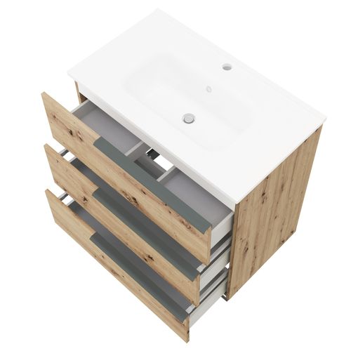 Meuble Vasque 80 Cm Encastrée Chêne Doré Sur Pied 3 Tiroirs Oikos