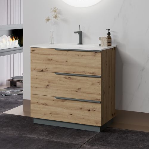 Meuble Vasque 80 Cm Encastrée Chêne Doré Sur Pied 3 Tiroirs Oikos