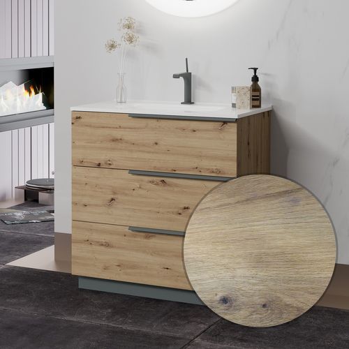 Meuble Vasque 80 Cm Encastrée Chêne Doré Sur Pied 3 Tiroirs Oikos