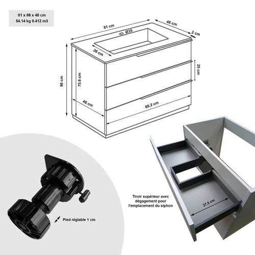 Meuble Vasque 80 Cm Encastrée Chêne Doré Sur Pied 3 Tiroirs Oikos