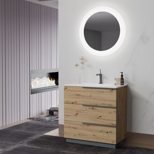 Meuble Vasque 80 Cm Encastrée Chêne Doré Sur Pied 3 Tiroirs Oikos