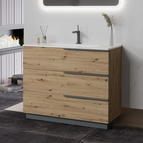 Meuble Vasque 100 Cm Encastrée Chêne Doré Sur Pied 3 Tiroirs Oikos