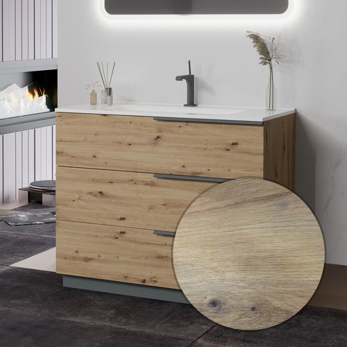 Meuble Vasque 100 Cm Encastrée Chêne Doré Sur Pied 3 Tiroirs Oikos