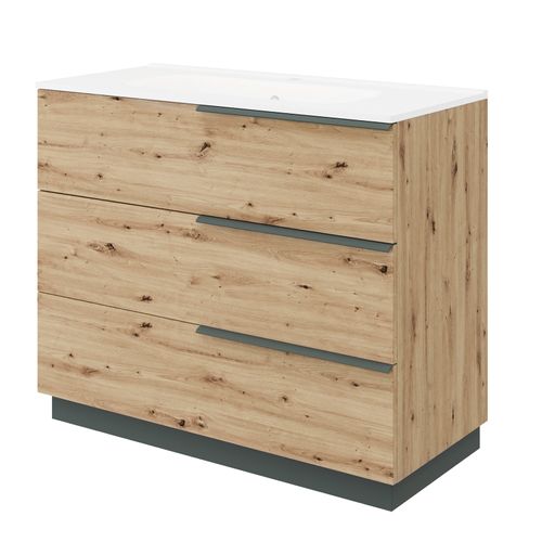 Meuble Vasque 100 Cm Encastrée Chêne Doré Sur Pied 3 Tiroirs Oikos