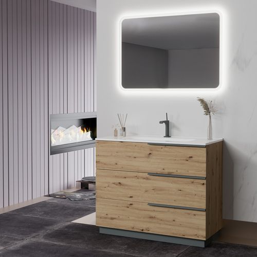 Meuble Vasque 100 Cm Encastrée Chêne Doré Sur Pied 3 Tiroirs Oikos