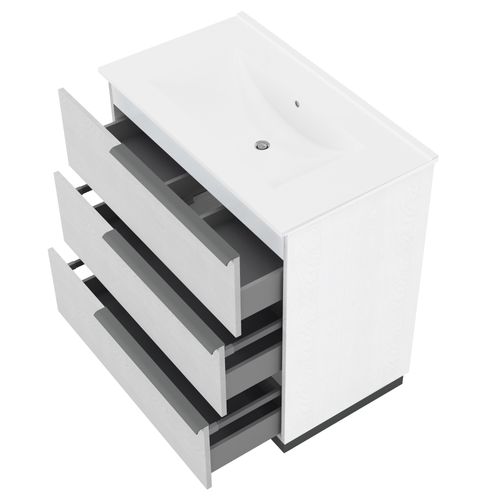 Meuble Vasque 80 Cm Encastrée Chêne Blanc Sur Pied 3 Tiroirs Oikos