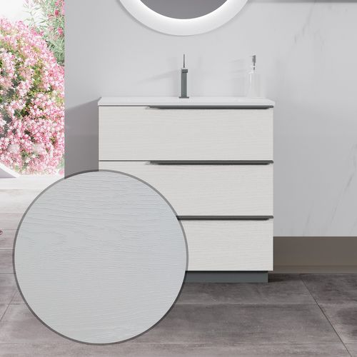 Meuble Vasque 80 Cm Encastrée Chêne Blanc Sur Pied 3 Tiroirs Oikos