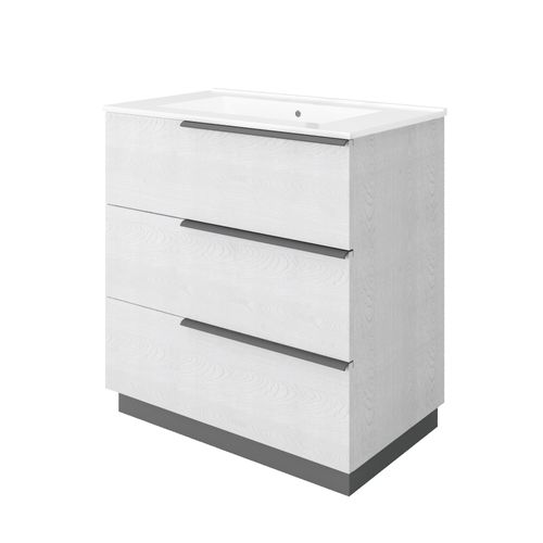 Meuble Vasque 80 Cm Encastrée Chêne Blanc Sur Pied 3 Tiroirs Oikos