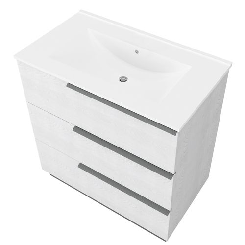 Meuble Vasque 80 Cm Encastrée Chêne Blanc Sur Pied 3 Tiroirs Oikos