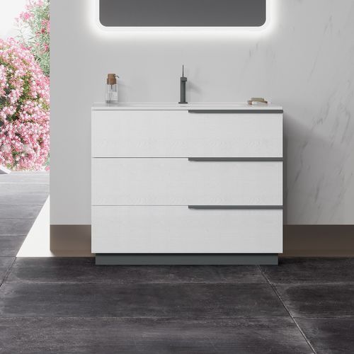 Meuble Vasque 100 Cm Encastrée Chêne Blanc Sur Pied 3 Tiroirs Oikos