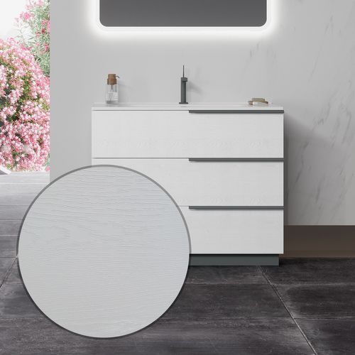Meuble Vasque 100 Cm Encastrée Chêne Blanc Sur Pied 3 Tiroirs Oikos