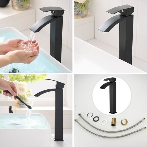 Robinet Mitigeur Bec Cascade Haut Lerio XL Chrome Noir Pour Salle De Bain