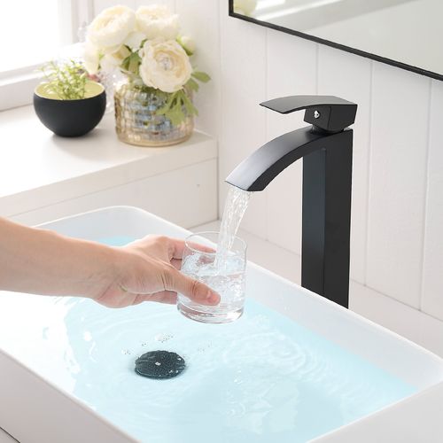 Robinet Mitigeur Bec Cascade Haut Lerio XL Chrome Noir Pour Salle De Bain