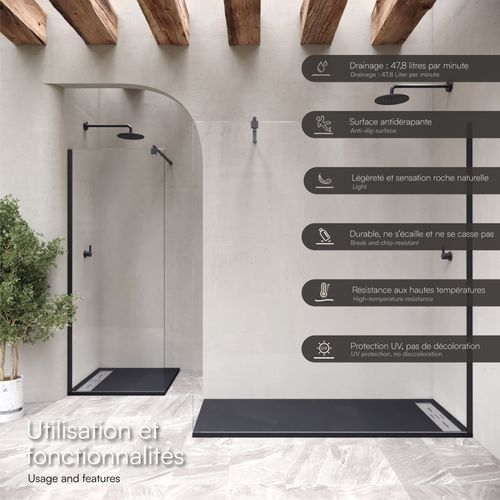Receveur De Douche Hiemal Inox 80 X 160 Cm Résine Noir Aspect Ardoise + Bonde Inox Incluse