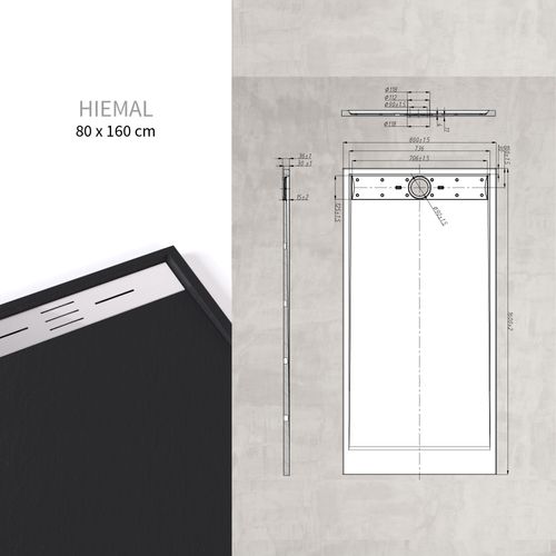 Receveur De Douche Hiemal Inox 80 X 160 Cm Résine Noir Aspect Ardoise + Bonde Inox Incluse