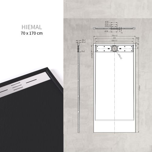 Receveur De Douche Hiemal Inox 70 X 170 Cm Résine Noir Aspect Ardoise + Bonde Inox Incluse