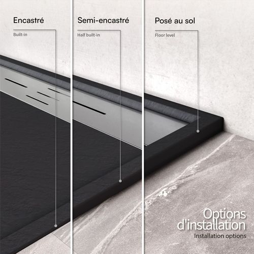 Receveur De Douche Hiemal Inox 80 X 140 Cm Résine Noir Aspect Ardoise + Bonde Inox Incluse