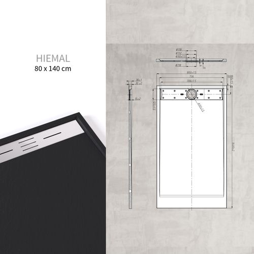 Receveur De Douche Hiemal Inox 80 X 140 Cm Résine Noir Aspect Ardoise + Bonde Inox Incluse