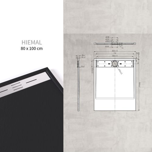 Receveur De Douche Hiemal Inox 80 X 100 Cm Résine Noir Aspect Ardoise + Bonde Inox Incluse