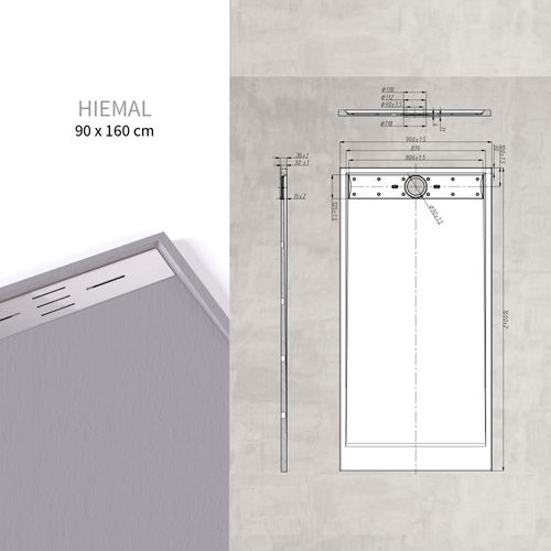Receveur De Douche Hiemal Inox 90 X 160 Cm Résine Gris Aspect Ardoise + Bonde Inox Incluse