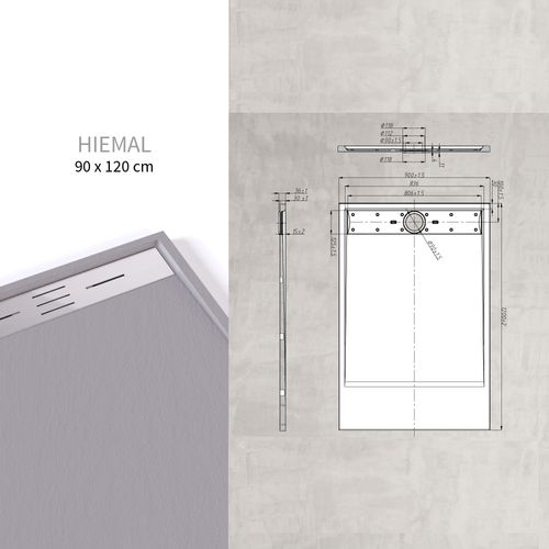 Receveur De Douche Hiemal Inox 90 X 120 Cm Résine Gris Aspect Ardoise + Bonde Inox Incluse