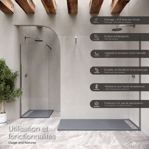 Receveur De Douche Hiemal Inox 100 X 100 Cm Résine Gris Aspect Ardoise + Bonde Inox Incluse