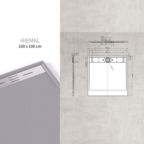 Receveur De Douche Hiemal Inox 100 X 100 Cm Résine Gris Aspect Ardoise + Bonde Inox Incluse