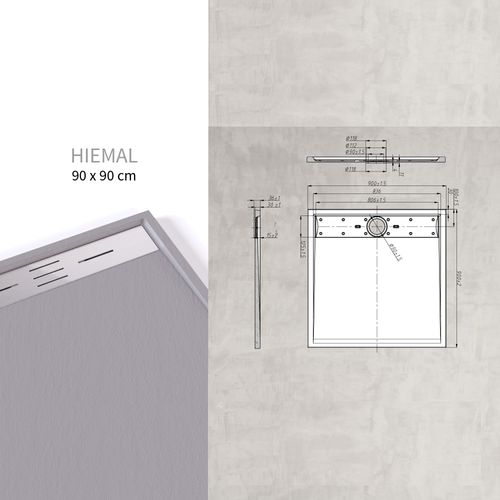 Receveur De Douche Hiemal Inox 90 X 90 Cm Résine Gris Aspect Ardoise + Bonde Inox Incluse