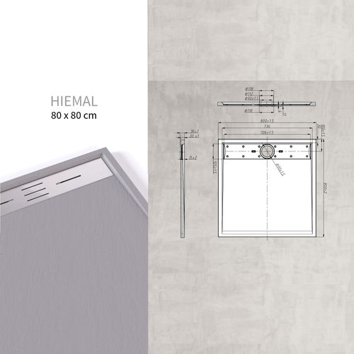 Receveur De Douche Hiemal Inox 80 X 80 Cm Résine Gris Aspect Ardoise + Bonde Inox Incluse