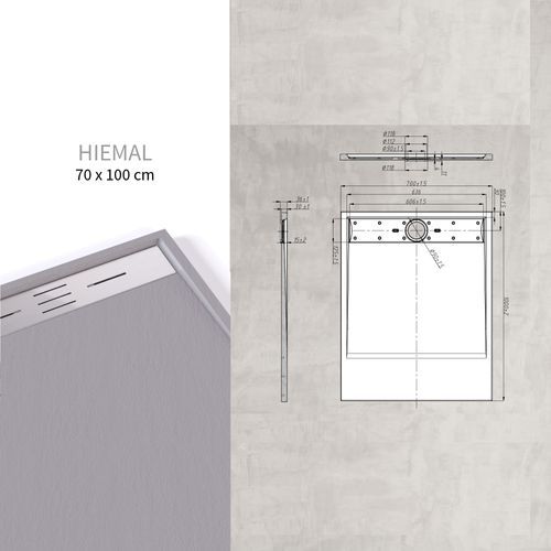 Receveur De Douche Hiemal Inox 70 X 100 Cm Résine Gris Aspect Ardoise + Bonde Inox Incluse