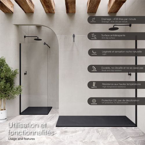 Receveur De Douche Hiemal 90 X 160 Cm Résine Noir Aspect Ardoise + Bonde Incluse