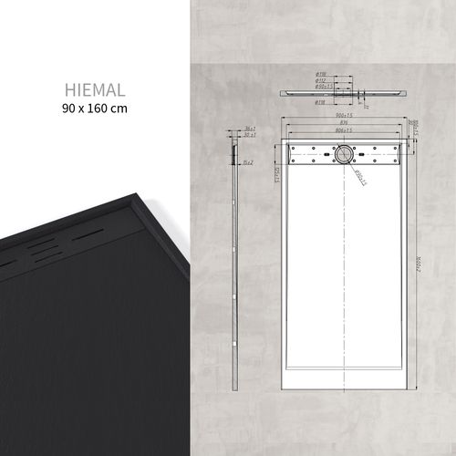 Receveur De Douche Hiemal 90 X 160 Cm Résine Noir Aspect Ardoise + Bonde Incluse