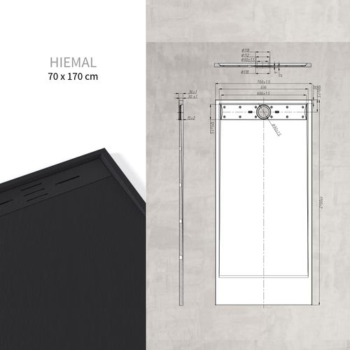 Receveur De Douche Hiemal 70 X 170 Cm Résine Noir Aspect Ardoise + Bonde Incluse
