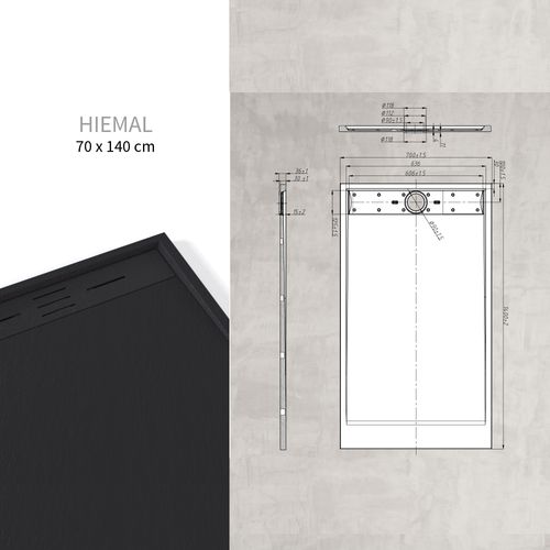 Receveur De Douche Hiemal 70 X 140 Cm Résine Noir Aspect Ardoise + Bonde Incluse