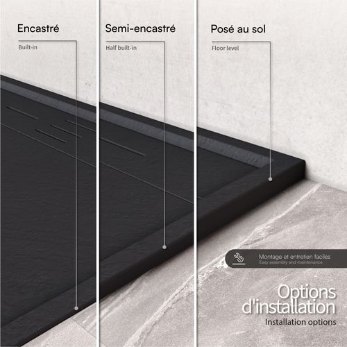 Receveur De Douche Hiemal 70 X 120 Cm Résine Noir Aspect Ardoise + Bonde Incluse