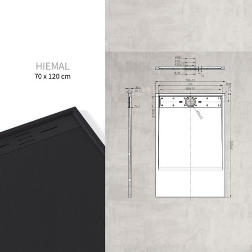 Receveur De Douche Hiemal 70 X 120 Cm Résine Noir Aspect Ardoise + Bonde Incluse