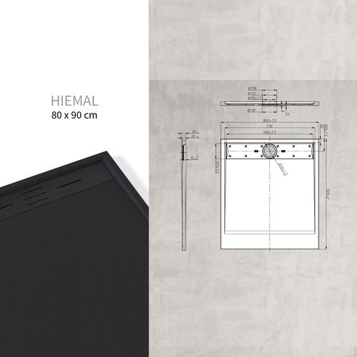 Receveur De Douche Hiemal 80 X 90 Cm Résine Noir Aspect Ardoise + Bonde Incluse