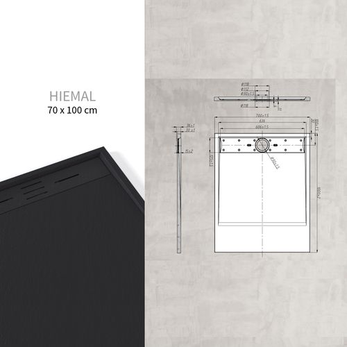 Receveur De Douche Hiemal 70 X 100 Cm Résine Noir Aspect Ardoise + Bonde Incluse