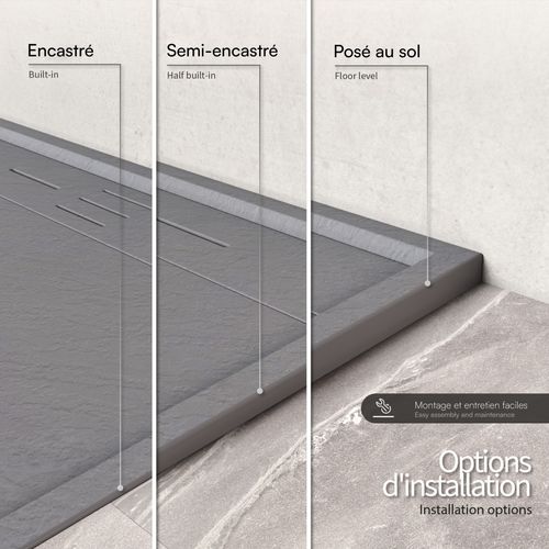Receveur De Douche Hiemal 80 X 180 Cm Résine Gris Aspect Ardoise + Bonde Incluse