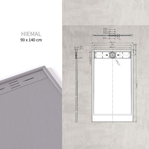 Receveur De Douche Hiemal 90 X 140 Cm Résine Gris Aspect Ardoise + Bonde Incluse