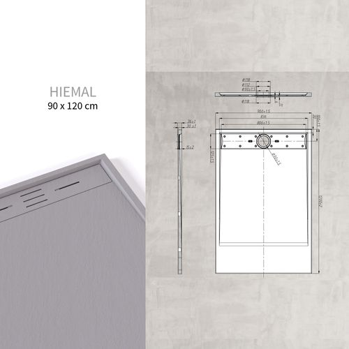 Receveur De Douche Hiemal 90 X 120 Cm Résine Gris Aspect Ardoise + Bonde Incluse