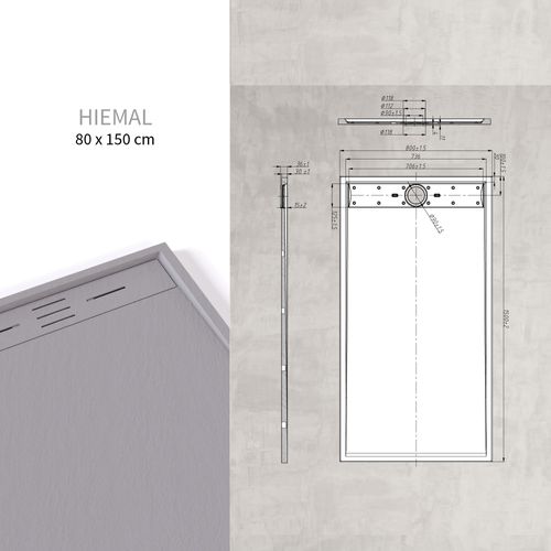 Receveur De Douche Hiemal 80 X 150 Cm Résine Gris Aspect Ardoise + Bonde Incluse