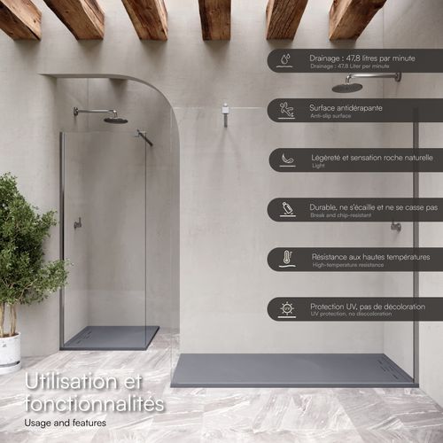 Receveur De Douche Hiemal 80 X 90 Cm Résine Gris Aspect Ardoise + Bonde Incluse