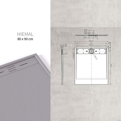 Receveur De Douche Hiemal 80 X 90 Cm Résine Gris Aspect Ardoise + Bonde Incluse