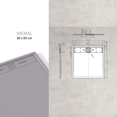 Receveur De Douche Hiemal 80 X 80 Cm Résine Gris Aspect Ardoise + Bonde Incluse