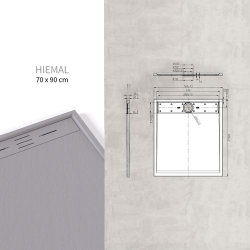 Receveur De Douche Hiemal 70 X 90 Cm Résine Gris Aspect Ardoise + Bonde Incluse