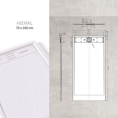 Receveur De Douche Hiemal 70 X 160 Cm Résine Blanc Aspect Ardoise + Bonde Incluse