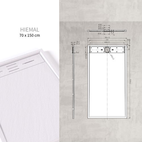 Receveur De Douche Hiemal 70 X 150 Cm Résine Blanc Aspect Ardoise + Bonde Incluse