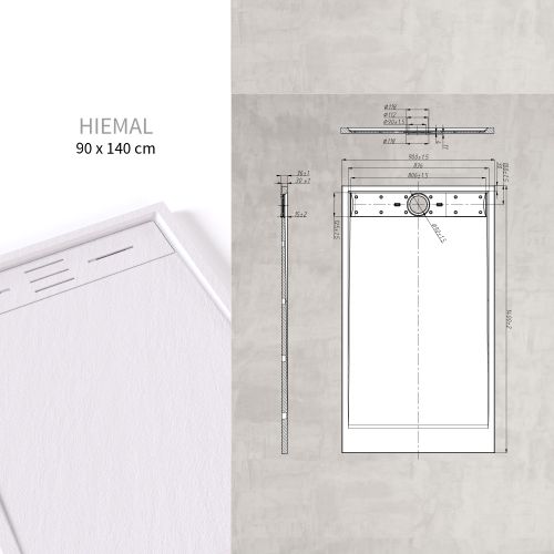 Receveur De Douche Hiemal 90 X 140 Cm Résine Blanc Aspect Ardoise + Bonde Incluse
