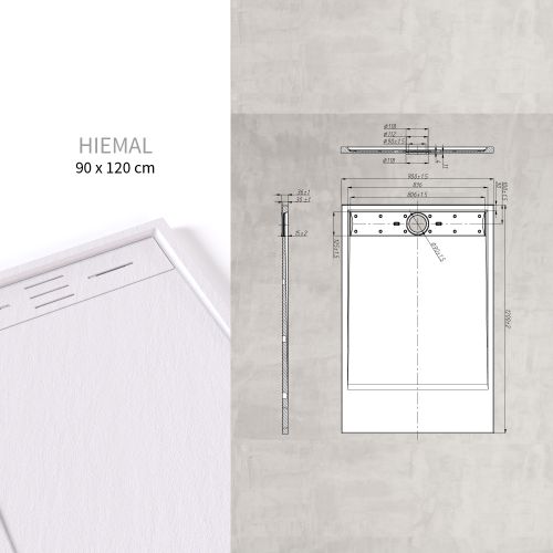 Receveur De Douche Hiemal 90 X 120 Cm Résine Blanc Aspect Ardoise + Bonde Incluse